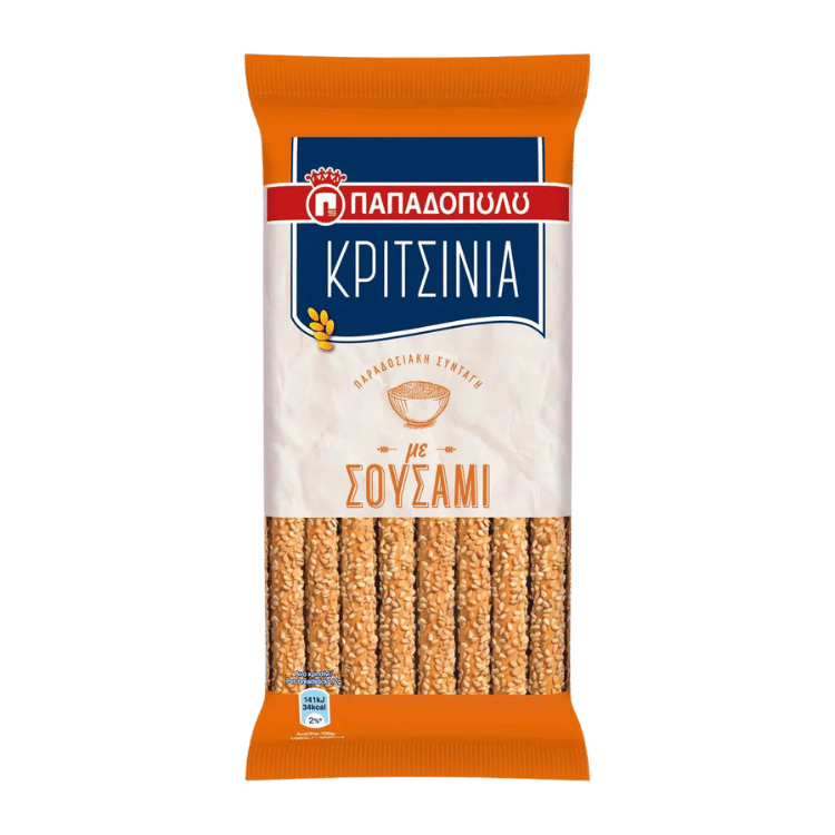 Kritsinia mit Sesam (130g) Papadopoulou von Papadopoulos bei Araxxon - Hochwertiges griechisches Produkt. Kritsinia mit Sesam (130g) Papadopoulou από Papadopoulos στο Araxxon - Αυθεντικό ελληνικό προϊόν.